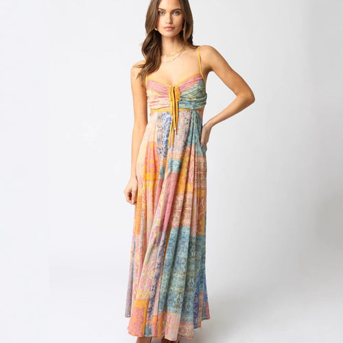 Damen nan bodenlanges Boho-Strandkleid mit gerafftem Bustier und Tunnelzug Drune