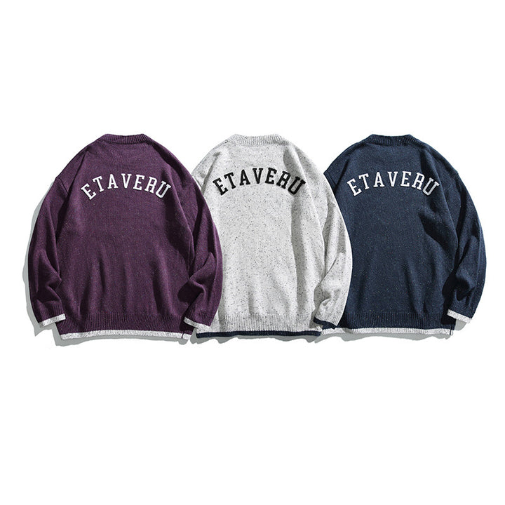 Unisex Oversize Strickpullover mit Rundhalsausschnitt, Kontrastbündchen und Melange‑Noppenstruktur Drune