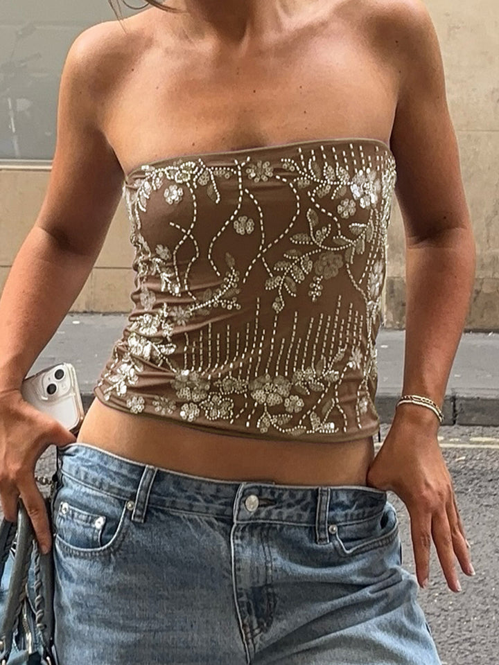 Damen eleganter Crop-Top mit Blumenstickerei und Pailletten Drune