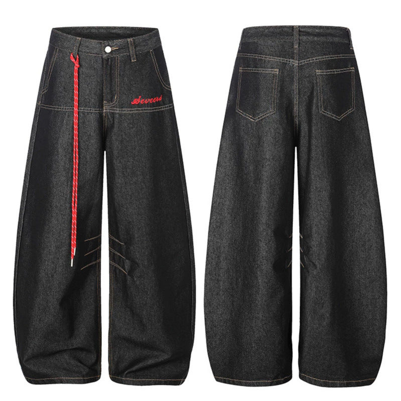 Damen Extraweite Palazzo-Jeans mit dekorativem Kordelzug und Ziernähten Drune