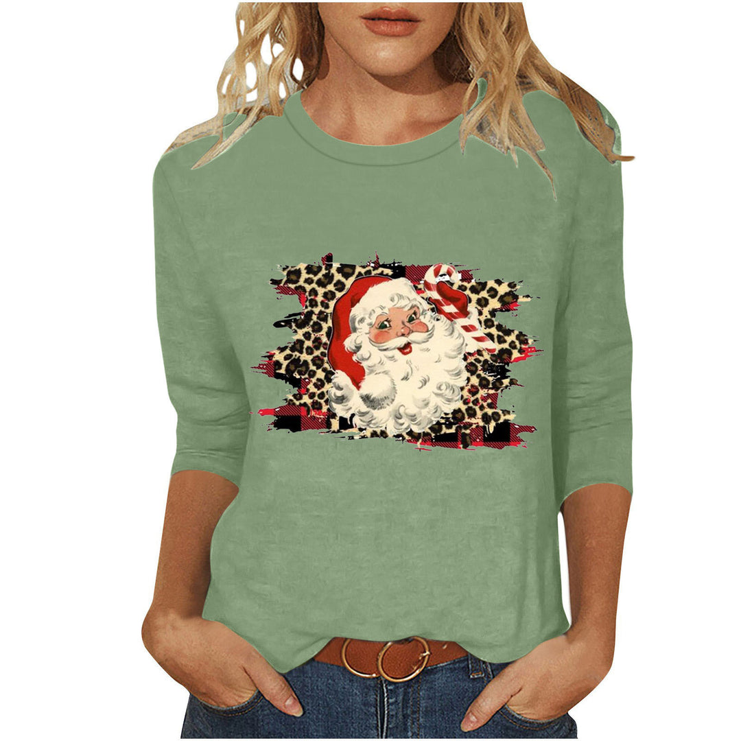 Damen nan lässiges Sweatshirt mit Retro-Weihnachtsmann-Print, Leoparden- und Karomuster und dreiviertelärmel Drune