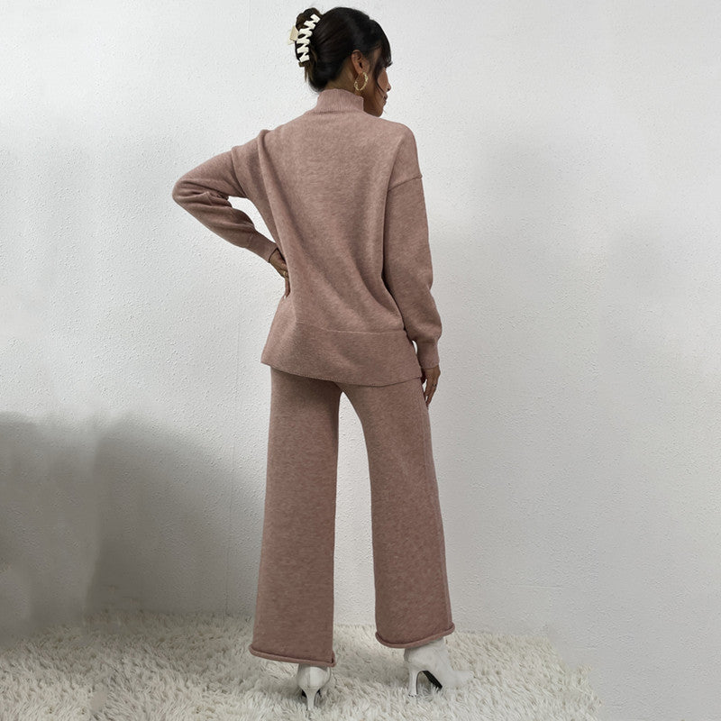 Damen eleganter Strickanzug mit hohem Kragen und farbenfrohem Muster Drune