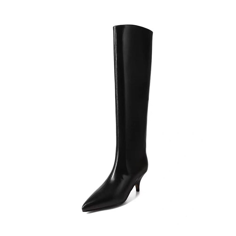 Damen Kniehohe Lackstiefel mit spitzer Zehenform und schlankem Kitten-Absatz Drune