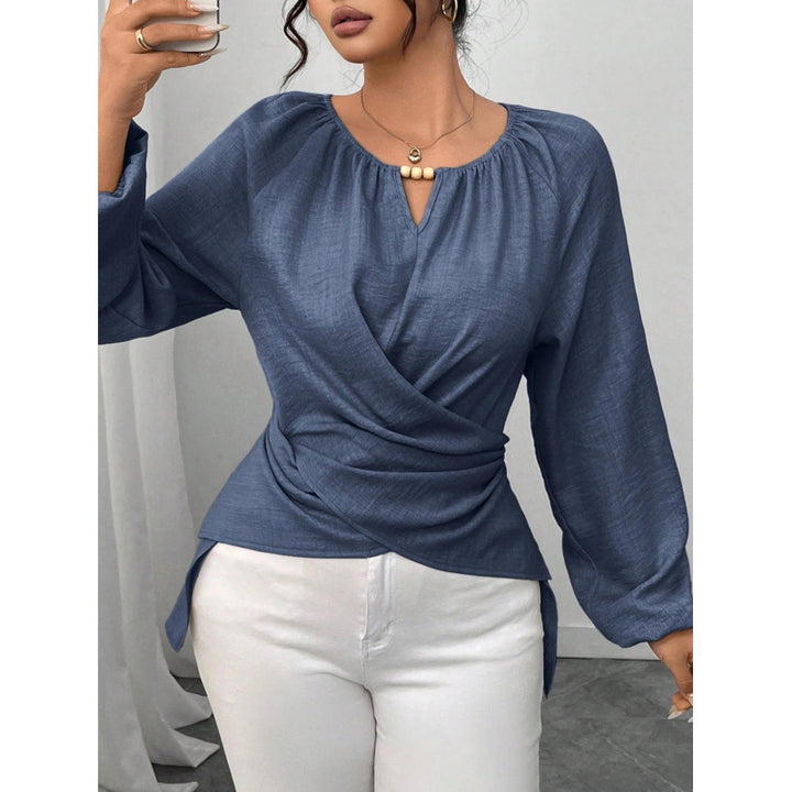 Damen Taillierte Wickelbluse mit Perlendetail und Ballonärmeln Drune