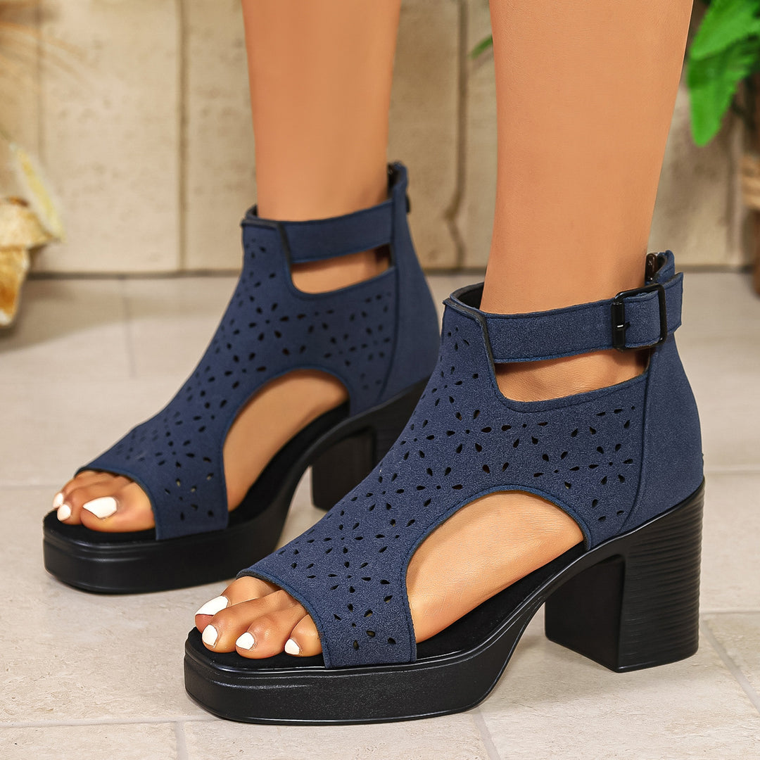 Damen  Cut-Out Knöchel-Sandalette mit mittelhohem Blockabsatz und perforiertem Veloursimitat Drune