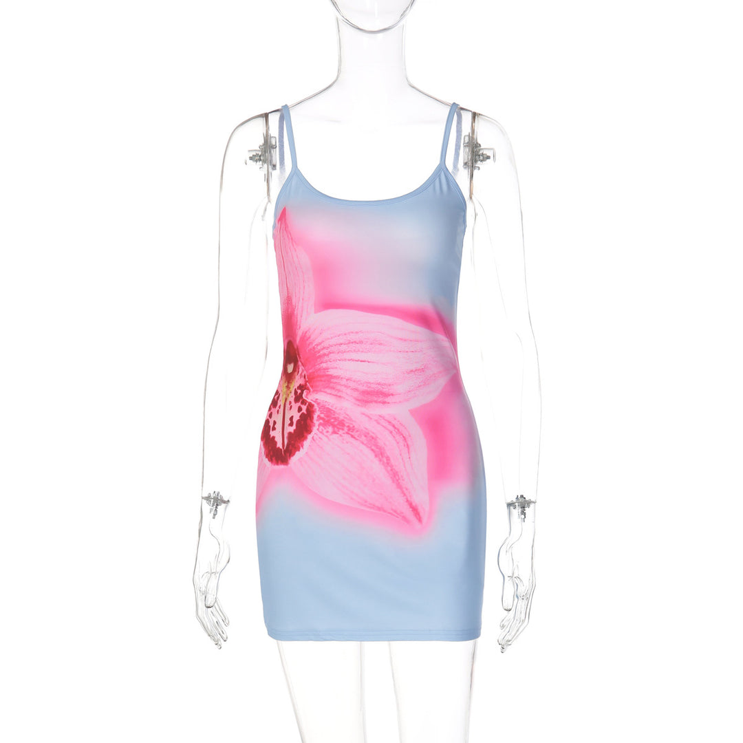 Damen Blütenmuster Minikleid mit feinen Spaghettiträgern Drune