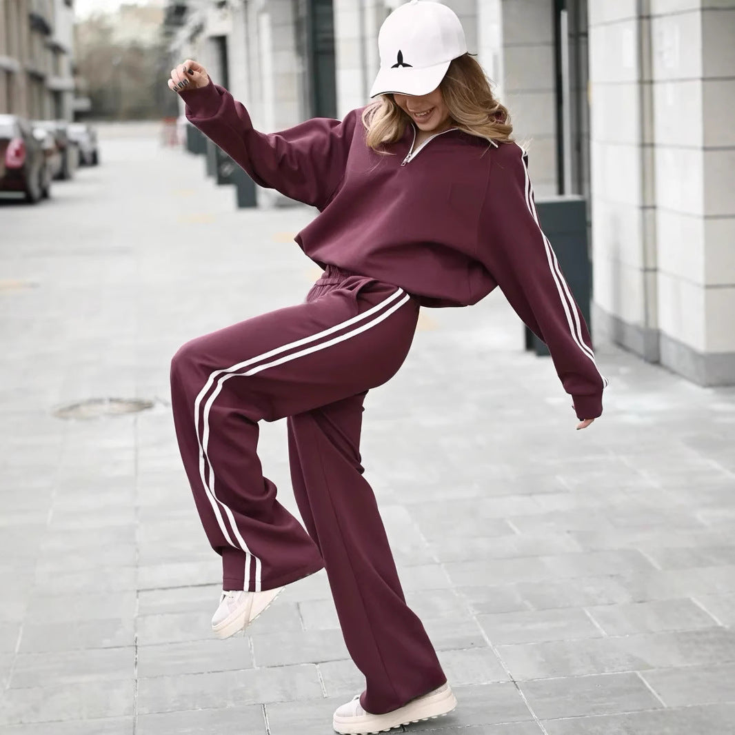 Damen Lässiges Sweat-Set mit Stehkragen, Ballonärmeln und Seitenstreifen Drune
