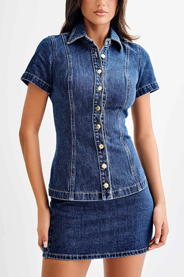 Damen Jeanskleid mit knöpfbarem Kragen und eng anliegendem Rock Drune