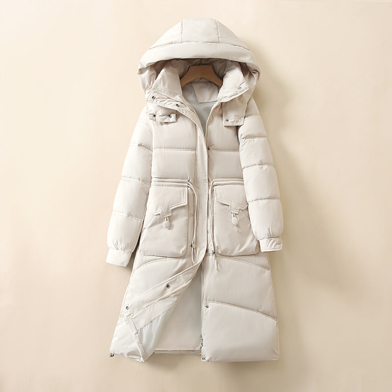 Damen Lange, warme Pufferjacke mit praktischen Taschen und Kapuze Drune