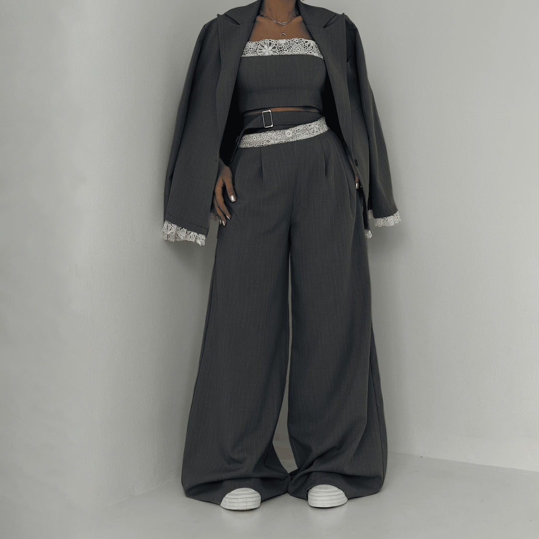 Damen Elegantes Zweiteiliges Set mit Spitzen-Details Drune