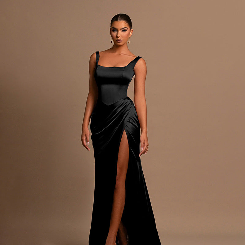 Damen elegantes Maxikleid mit anliegendem Oberteil und hohem Schlitz Drune