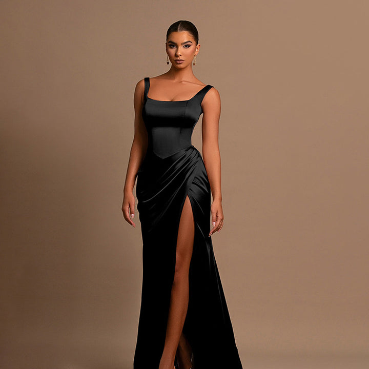 Damen elegantes Maxikleid mit anliegendem Oberteil und hohem Schlitz Drune