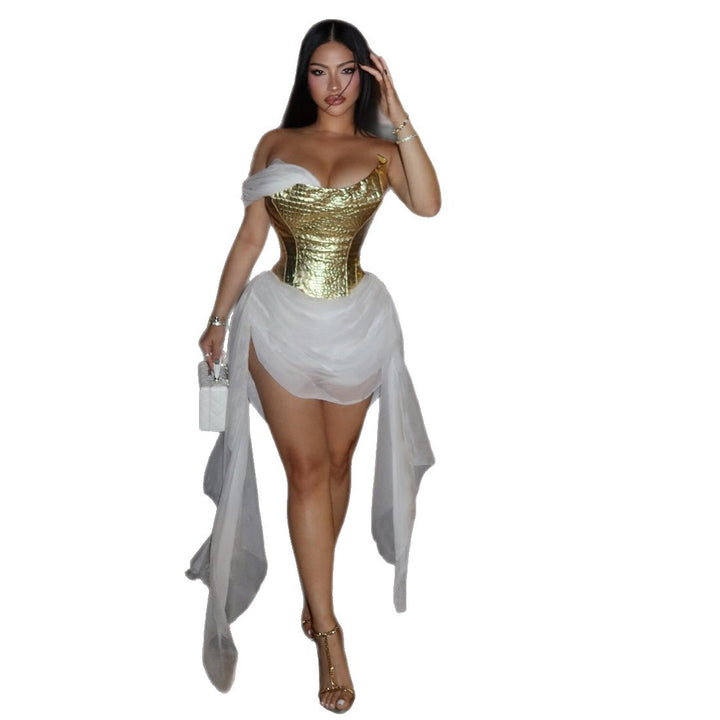 Damen Elegantes asymmetrisches Cocktailkleid mit goldenen Akzenten Drune