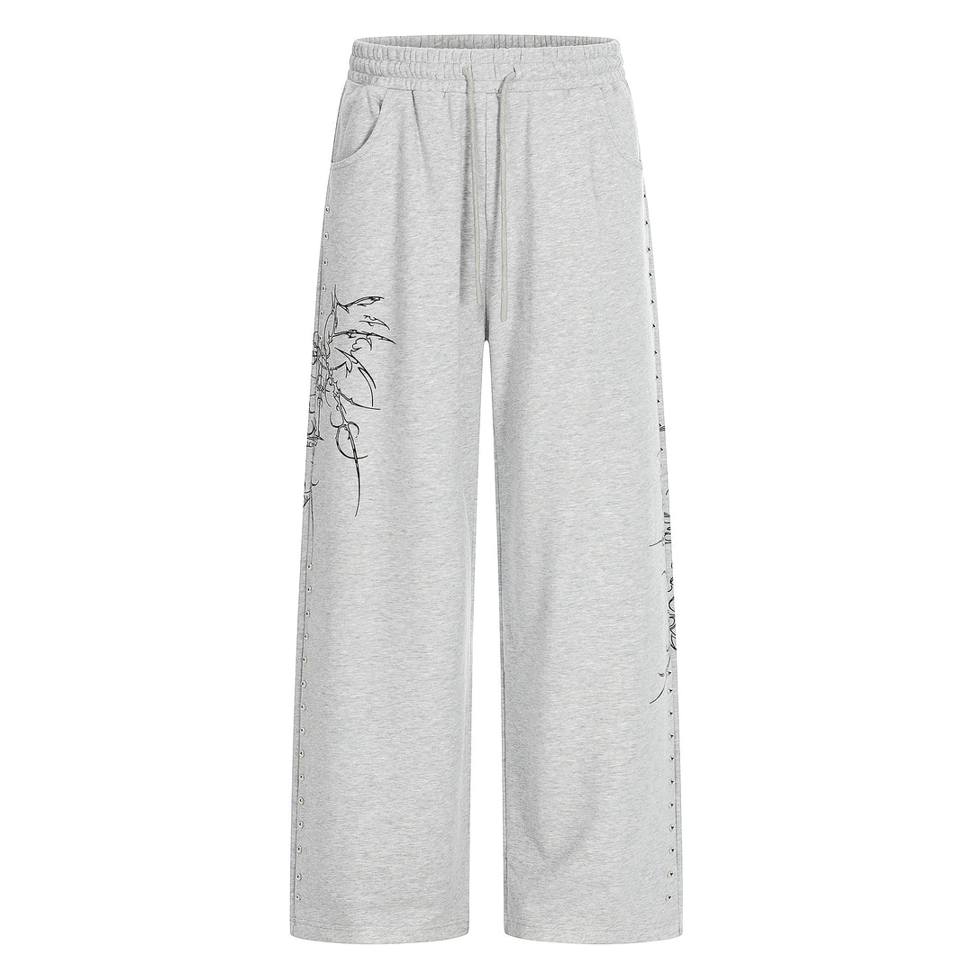 Damen Weite Sweatpants mit Tunnelzug, Ziernieten und grafischem Print Drune
