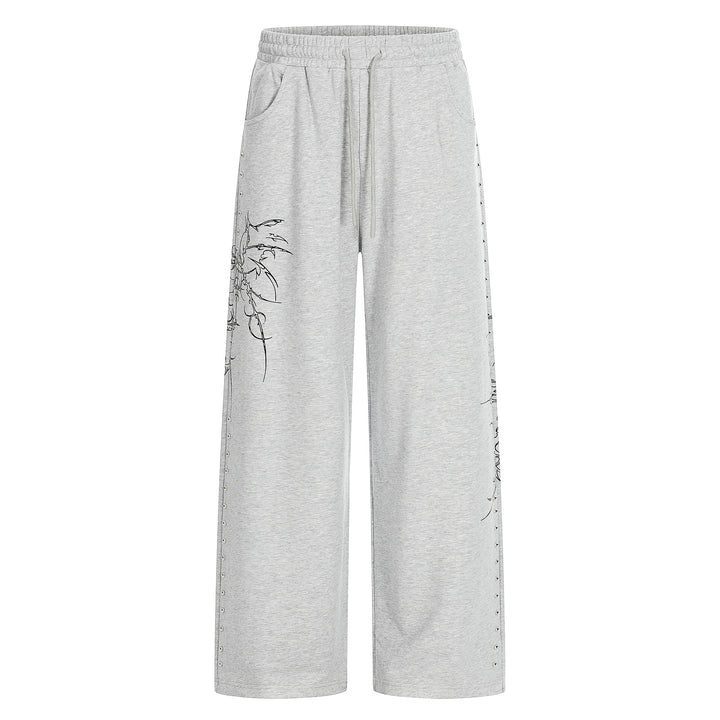 Damen Weite Sweatpants mit Tunnelzug, Ziernieten und grafischem Print Drune