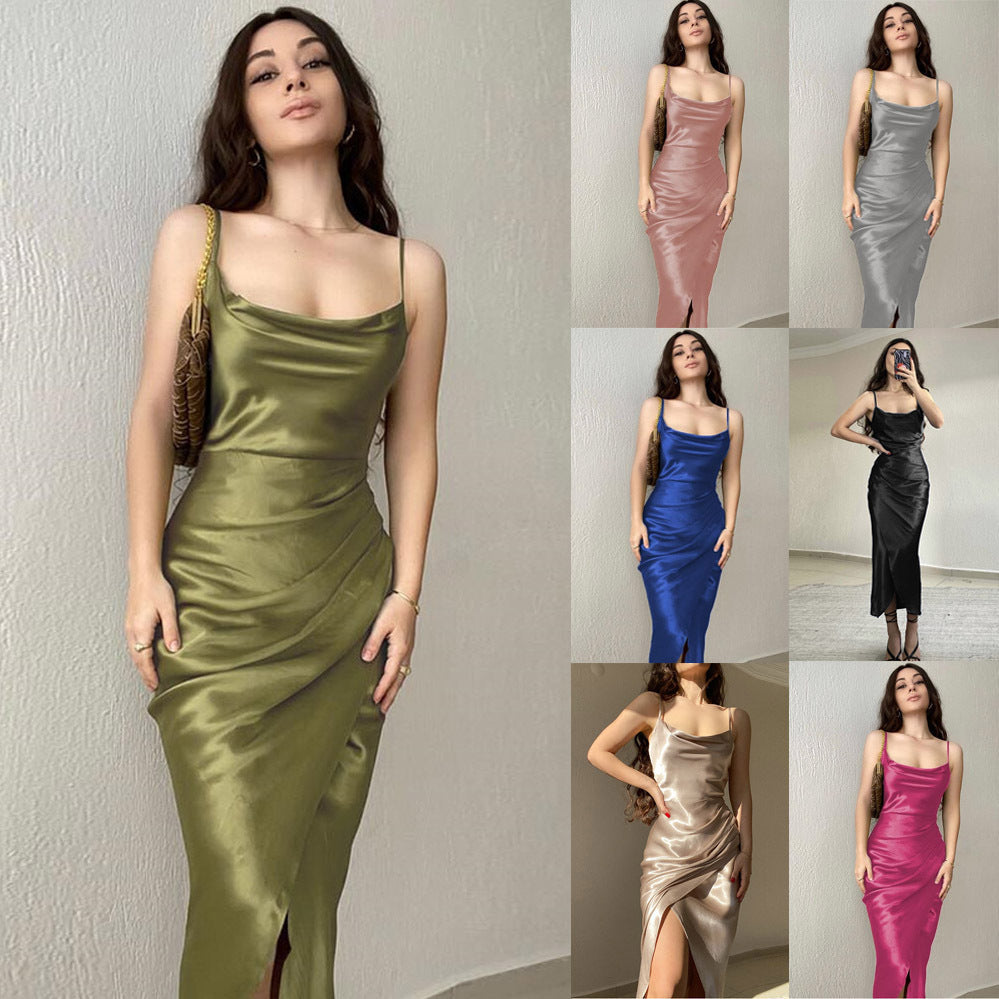 Damen modernes Satin-Midi-Kleid mit elegantem Wasserfallausschnitt und seitlichem Schlitz Drune