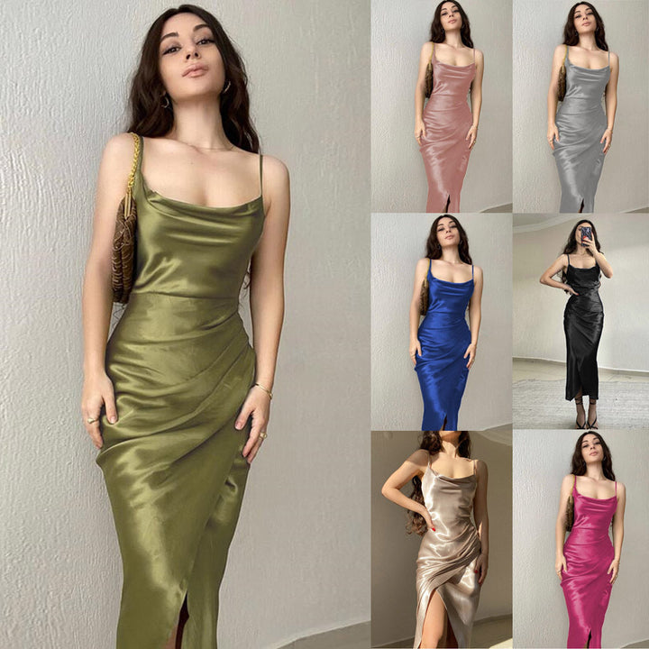 Damen modernes Satin-Midi-Kleid mit elegantem Wasserfallausschnitt und seitlichem Schlitz Drune