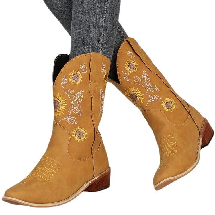 Damen Cowboy-Stiefel mit floralem Stickdesign und robustem Blockabsatz Drune