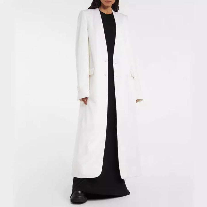 Damen Maxilanger schlanker Mantelblazer mit verdeckter Knopfleiste und schmaler Schulterlinie Drune