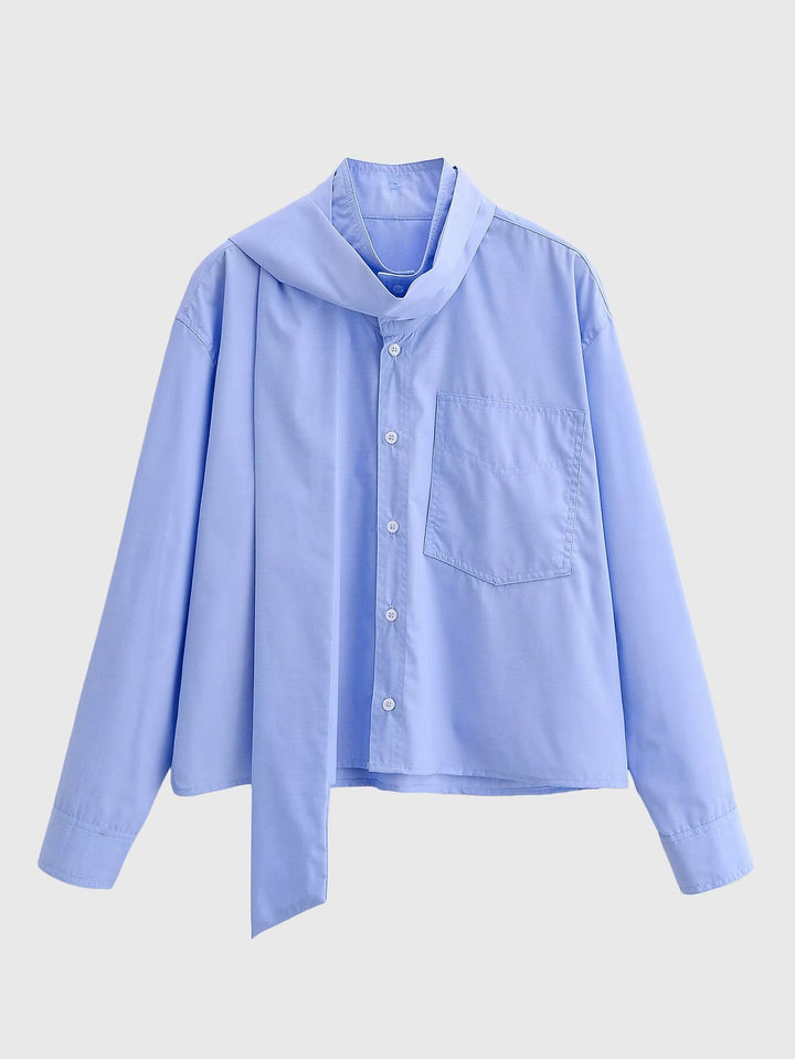 Damen Oversize‑Hemdbluse mit integriertem Halstuch‑Schal und aufgesetzter Brusttasche Drune