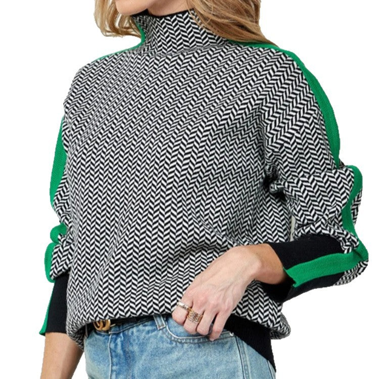 Damen Feinstrickpullover mit geometrischem Jacquardmuster, Stehkragen und Kontrastband Drune