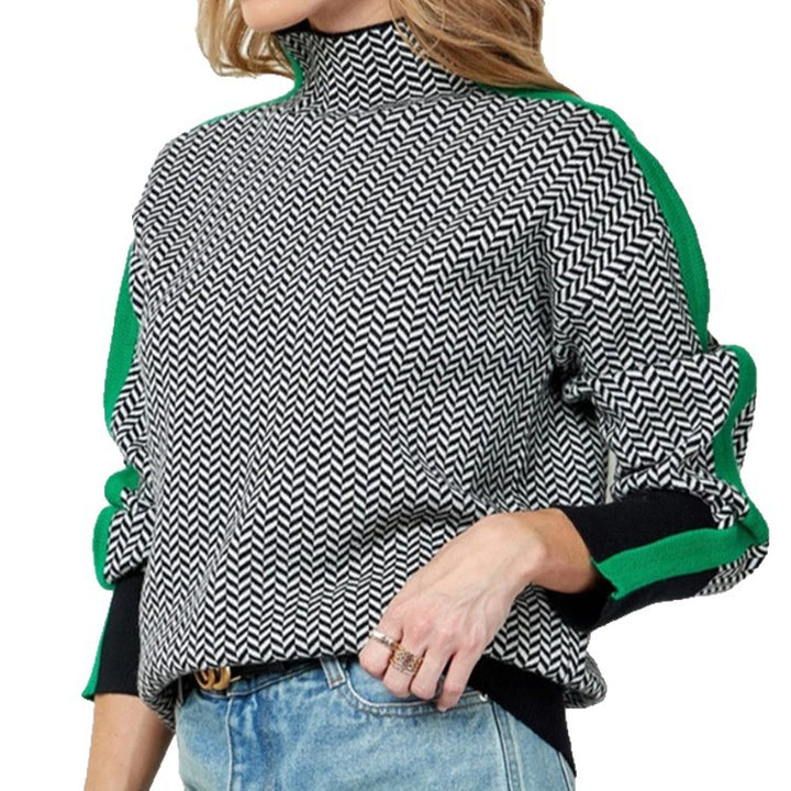 Damen Feinstrickpullover mit geometrischem Jacquardmuster, Stehkragen und Kontrastband Drune