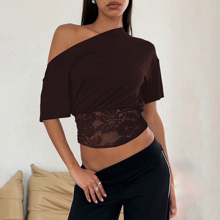 Damen Off-Shoulder Bluse mit Spitzenbund Drune
