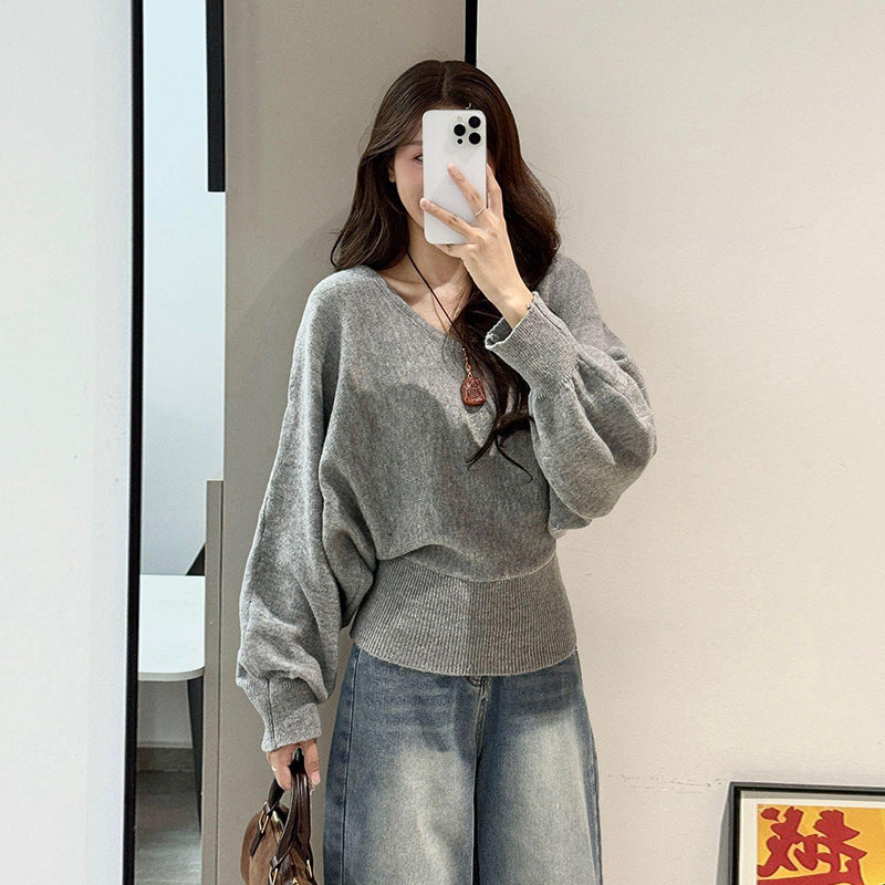 Damen lockerer Pullover mit taillierbarem Gürtel und V-Ausschnitt Drune