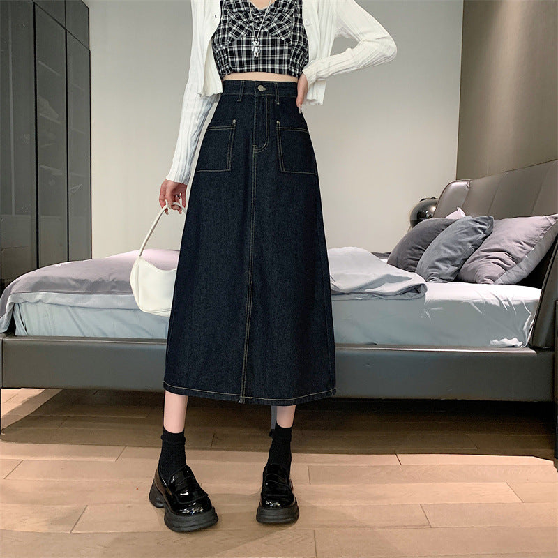 Damen Langer Denim-Rock mit praktischen Taschen Drune