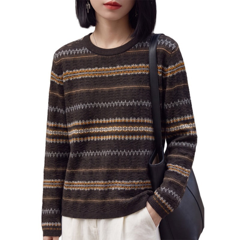 Damen Leichter Fair‑Isle Feinstrickpullover mit Rundhalsausschnitt und feiner Streifenstruktur Drune