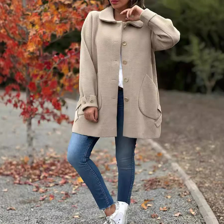 Damen Oversized Wollmantel mit dekorativen Knöpfen und großen Taschen Drune