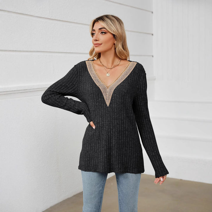 Damen Strickpullover mit V-Ausschnitt und romantischer Spitze Drune