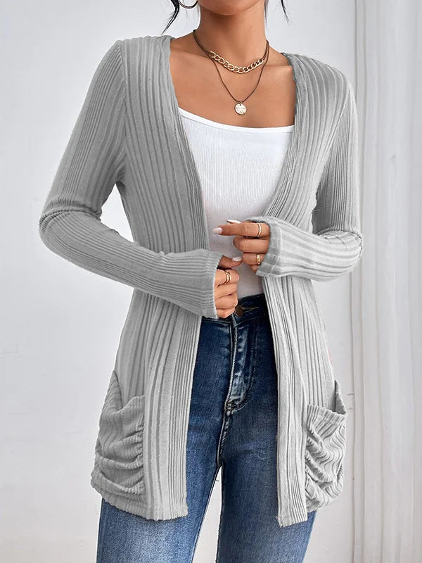 Damen Gerippter Langcardigan mit offener Front, Eingrifftaschen und legerer Passform Drune