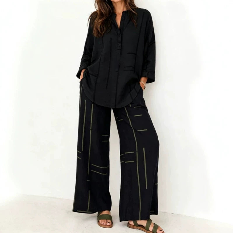 Damen Lockeres Hemdblusen- und Palazzo-Hose-Set aus Leinenoptik Drune