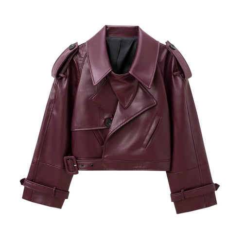 Damen Kurzer Trench-Mantel mit Taillengürtel und Schulterklappen aus veganem Leder Drune