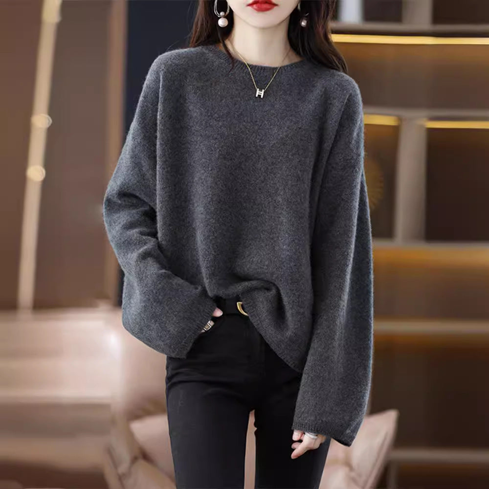 Damen weicher Strickpullover mit weitem Schnitt und legerem V-Ausschnitt Drune