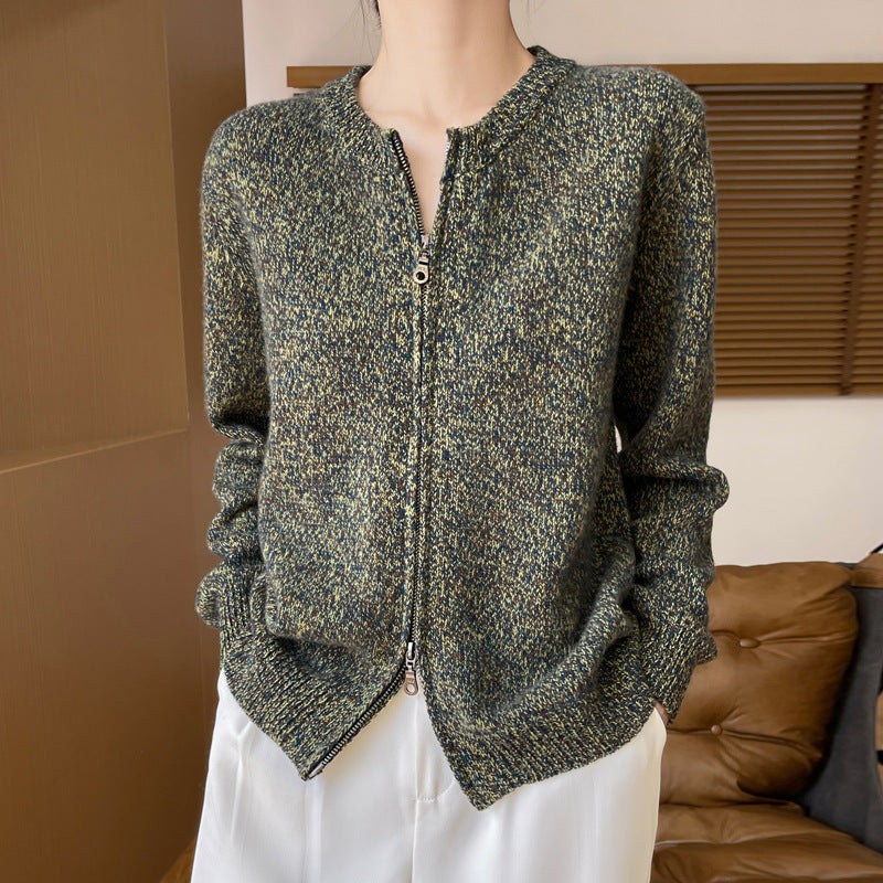 Damen Melierter Reißverschluss-Cardigan mit Zwei-Wege-Zipper und gerippten Bündchen Drune