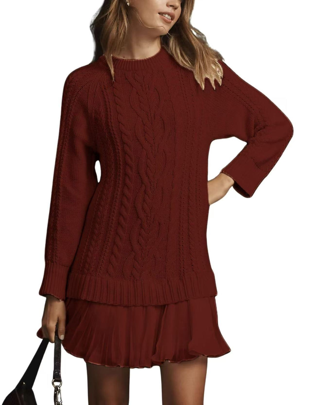 Damen nan Kabelstrick-Pullover mit Tunika-Schnitt, Zopfmuster und Rippbündchen Drune