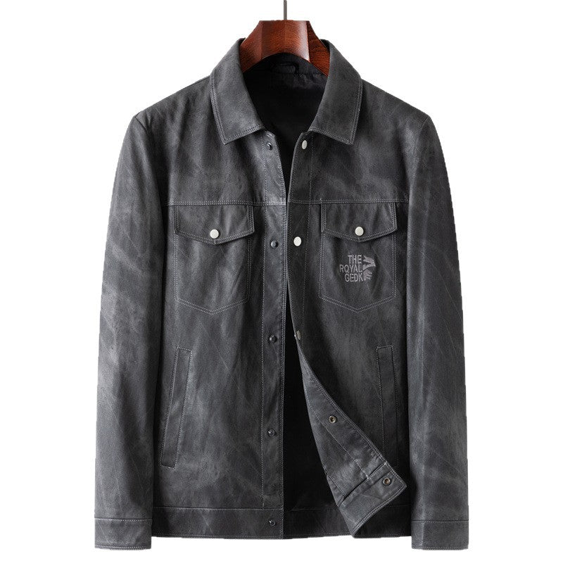 Herren Vintage-Lederoptik-Truckerjacke mit Used-Effekt und Brustpattentaschen Drune
