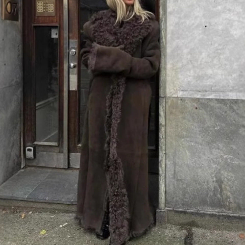 Damen Langer Teddy-Mantel mit luxuriösem Fellbesatz Drune