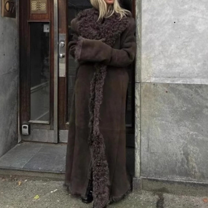 Damen Langer Teddy-Mantel mit luxuriösem Fellbesatz Drune