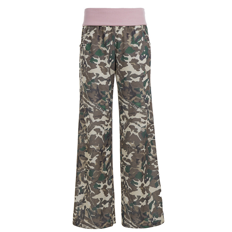 Damen nan weite Lounge-Hose mit Umschlagbund, Camouflage‑Muster und elastischem Komfortstretch Drune