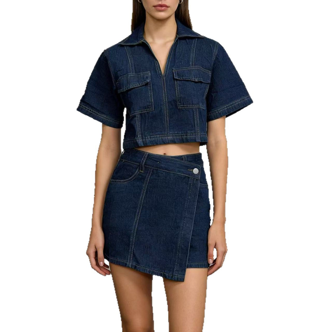 Damen modisches cropped Hemd mit aufgesetzten Taschen und lässigen Shorts Drune