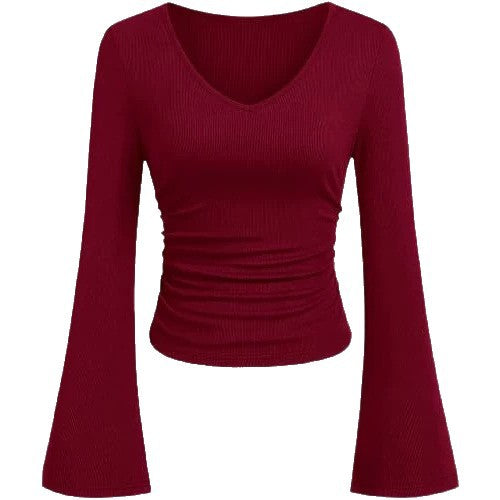 Damen Geripptes Cropped-Top mit V-Ausschnitt, taillierter Raffung und ausgestellten Trompetenärmeln Drune