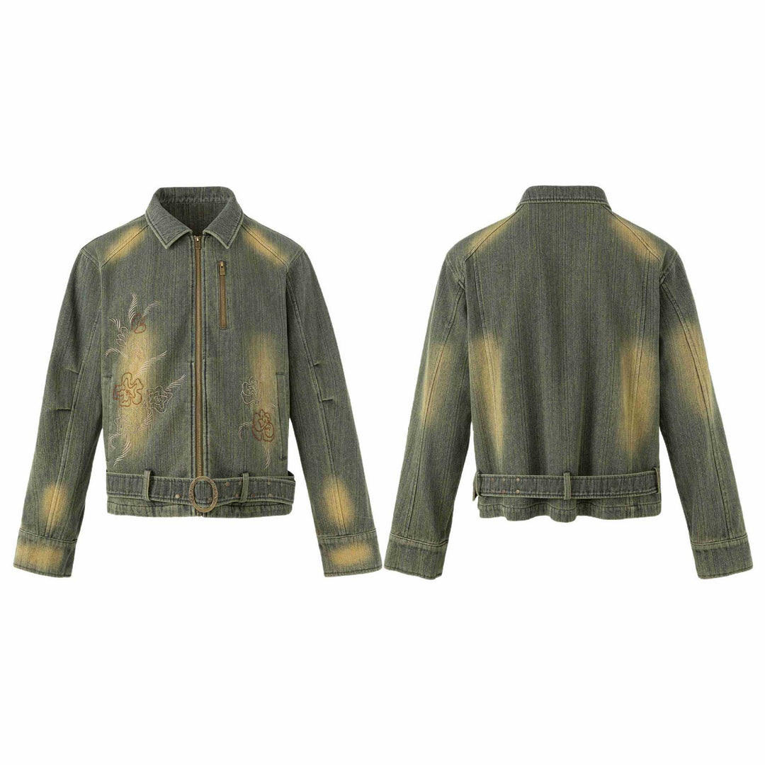 Damen Bestickte kurze Denim-Blousonjacke mit Taillengürtel und Reißverschluss Drune