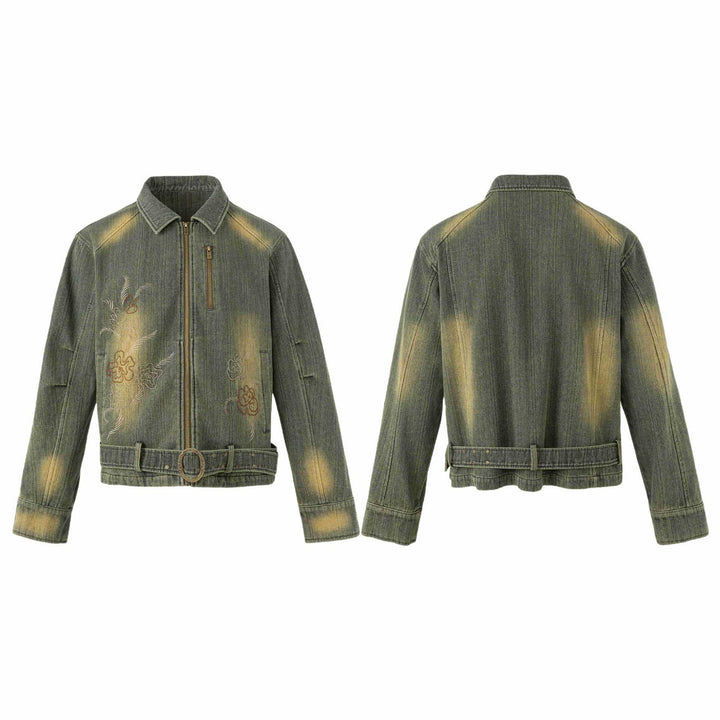 Damen Bestickte kurze Denim-Blousonjacke mit Taillengürtel und Reißverschluss Drune