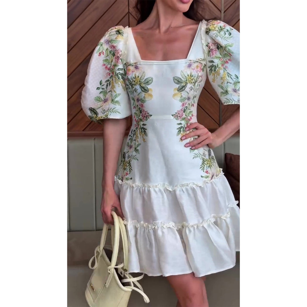 Damen Blumenkleid mit voluminösen Puffärmeln und fließendem Rock Drune
