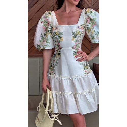 Damen Blumenkleid mit voluminösen Puffärmeln und fließendem Rock Drune