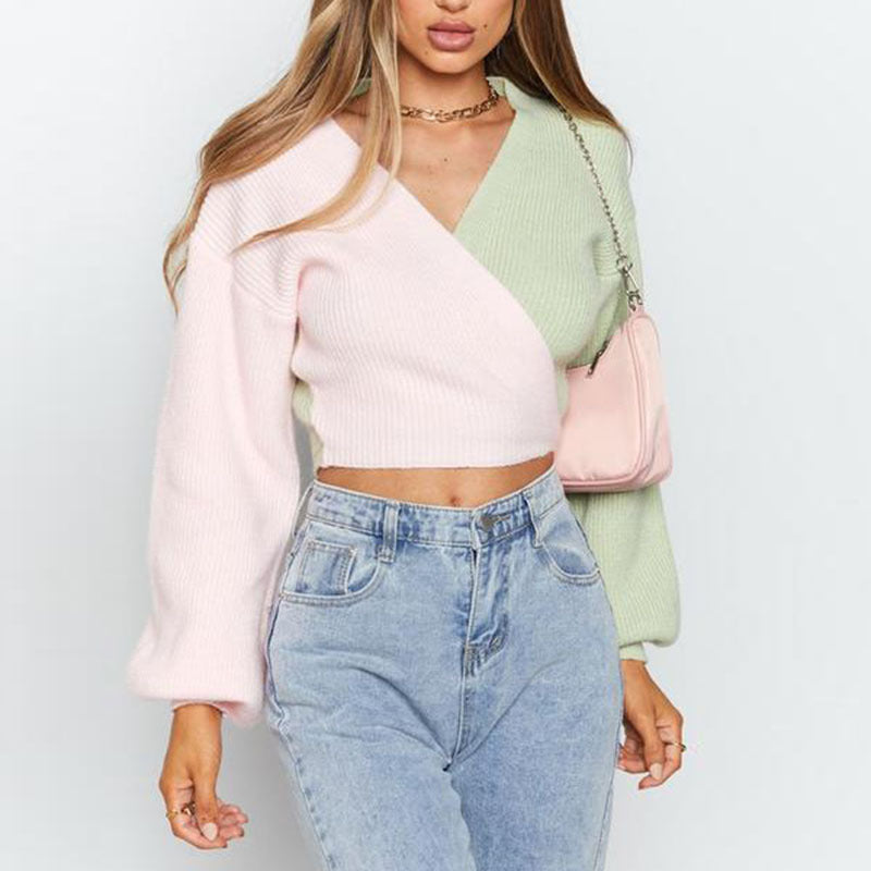 Damen modischer V-Ausschnitt Pullover mit strukturierter Textur und angeschnittenen Ärmeln Drune