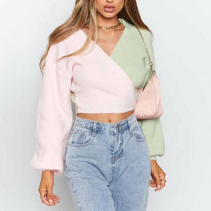 Damen modischer V-Ausschnitt Pullover mit strukturierter Textur und angeschnittenen Ärmeln Drune